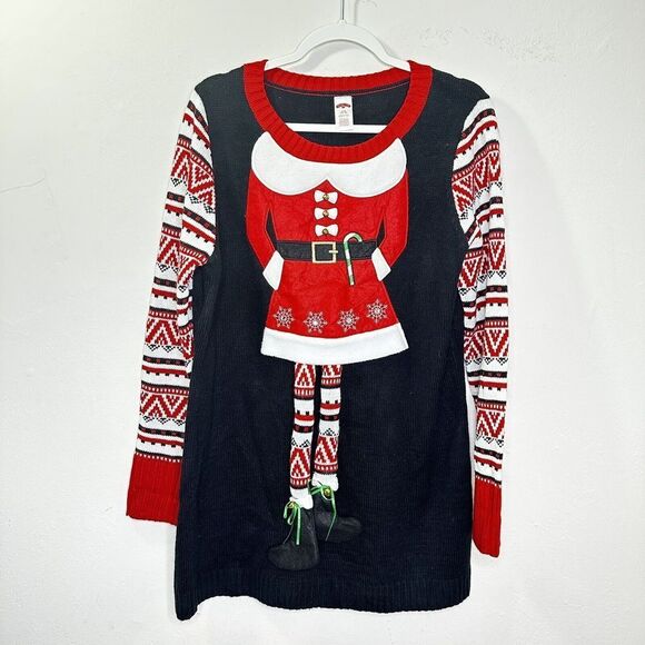 Women’s Holiday Time Ugly Christmas Elf  Sweater Bells Bling Swinging Legs Large - Picture 2 of 11